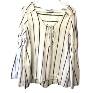 Sanctuary Striped Bell Sleeve Top 100% Cotton White & Navy Boho Retro Hippie L